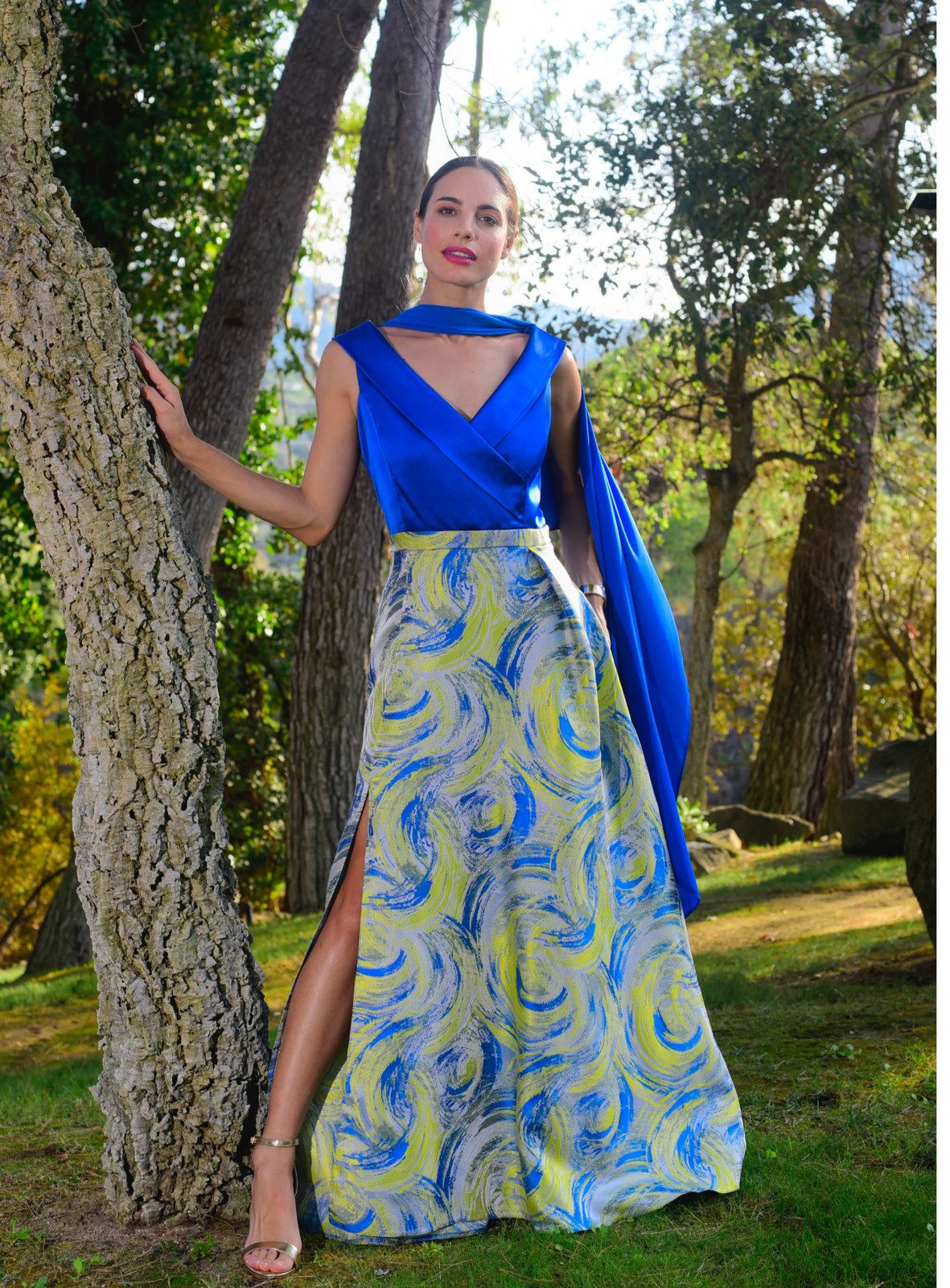 Royal Blue Top with Draped Scarf and Printed Skirt Royal Blue Top with Draped Scarf and Printed Skirt — Going Out Dresses 2027