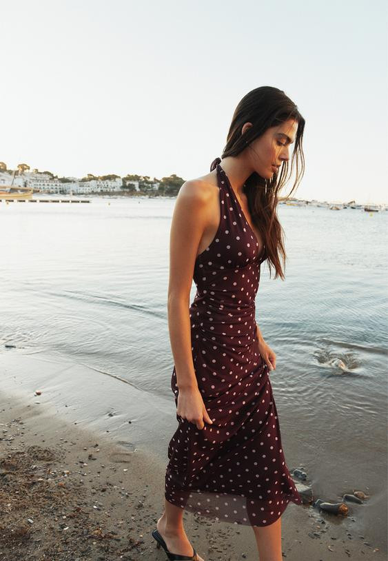 Burgundy Polka Dot Halter Midi Dress with Black Heels Burgundy Polka Dot Halter Midi Dress with Black Heels — Backless Dresses 2027