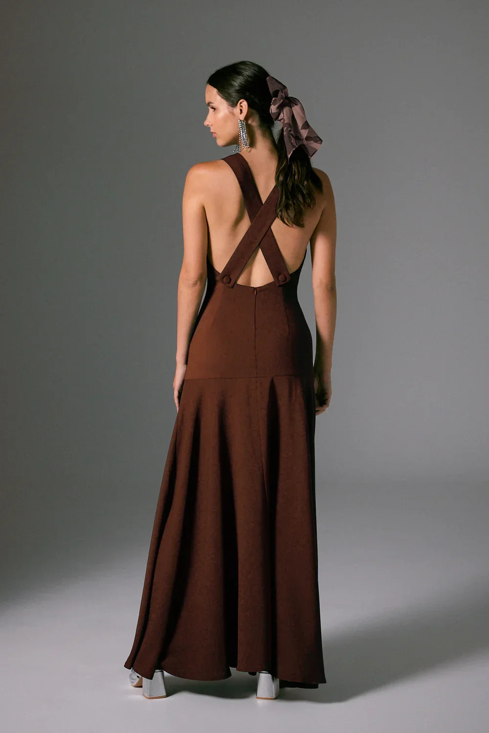 Deep Brown A-Line Maxi Dress with Criss-Cross Back Straps and Silver Heels Deep Brown A-Line Maxi Dress with Criss-Cross Back Straps and Silver Heels — Backless Dresses 2027