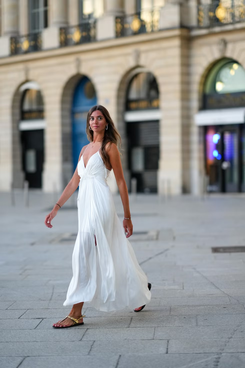 Flowing White Maxi Dress with Slit and Gold Sandals Flowing White Maxi Dress with Slit and Gold Sandals — Beach Dresses 2027