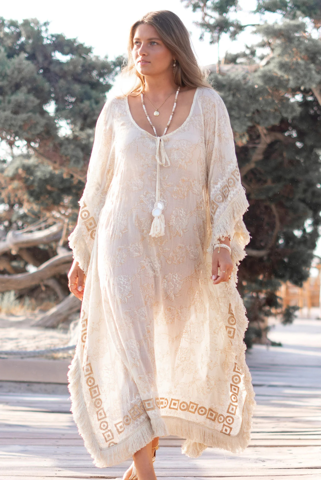 Off-White Embroidered Maxi Dress with Fringe Off-White Embroidered Maxi Dress with Fringe — Beach Dresses 2027