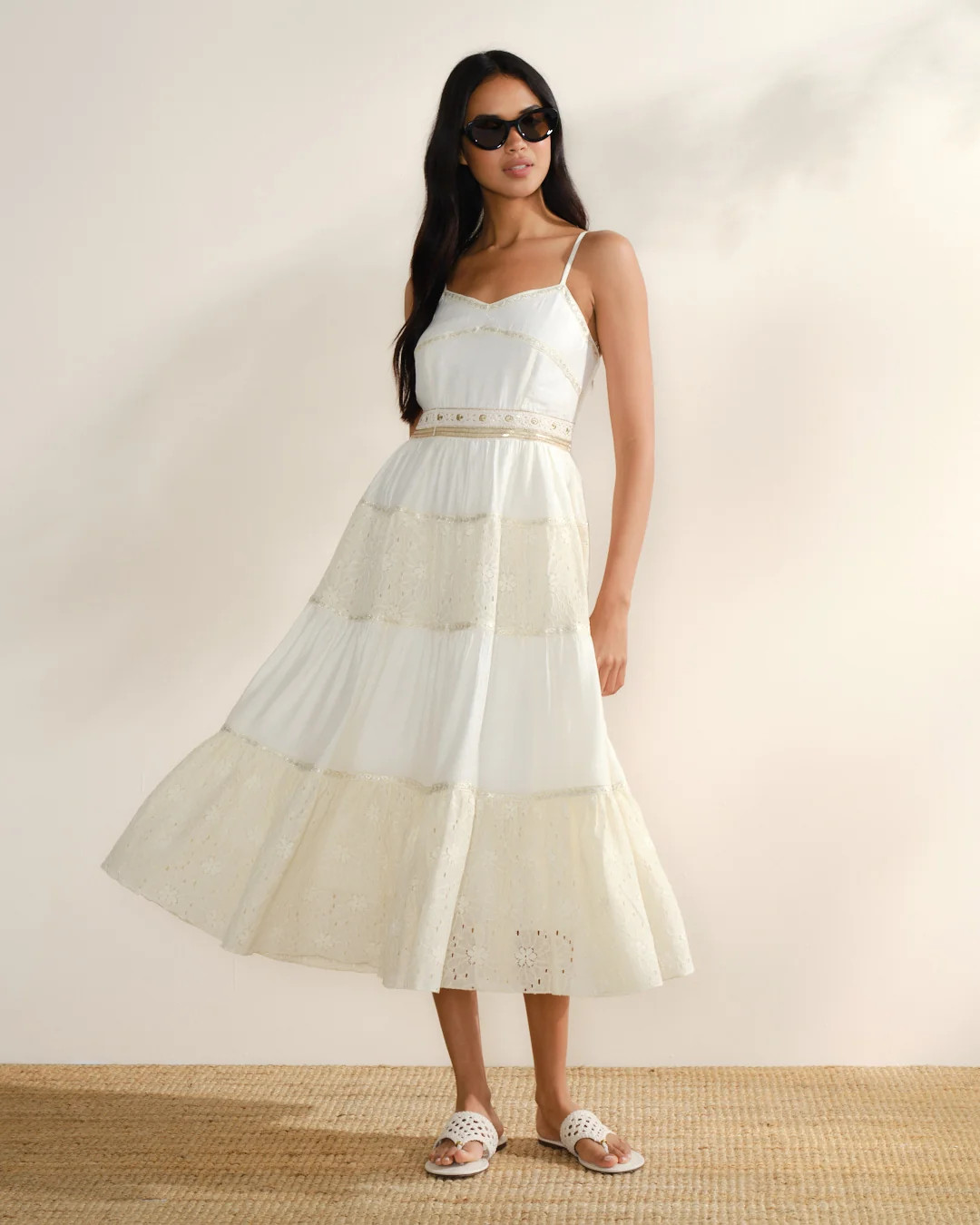 White Tiered Midi Dress with Eyelet Lace and Belt White Tiered Midi Dress with Eyelet Lace and Belt — Beach Dresses 2027