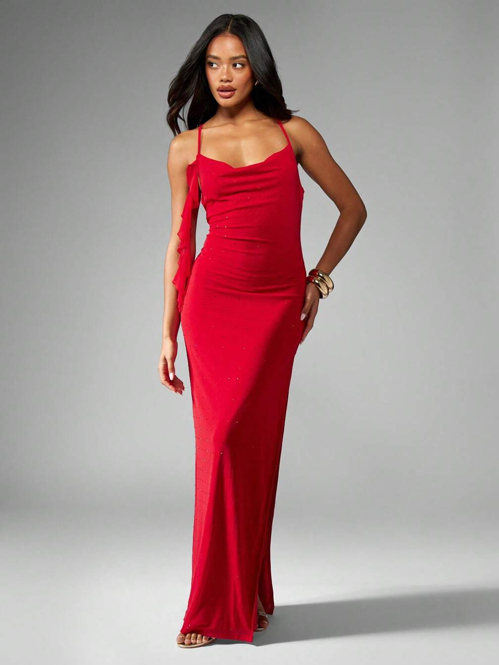 Red Sequin Embellished Dress with Cowl Neckline — Sequin Dresses 2027