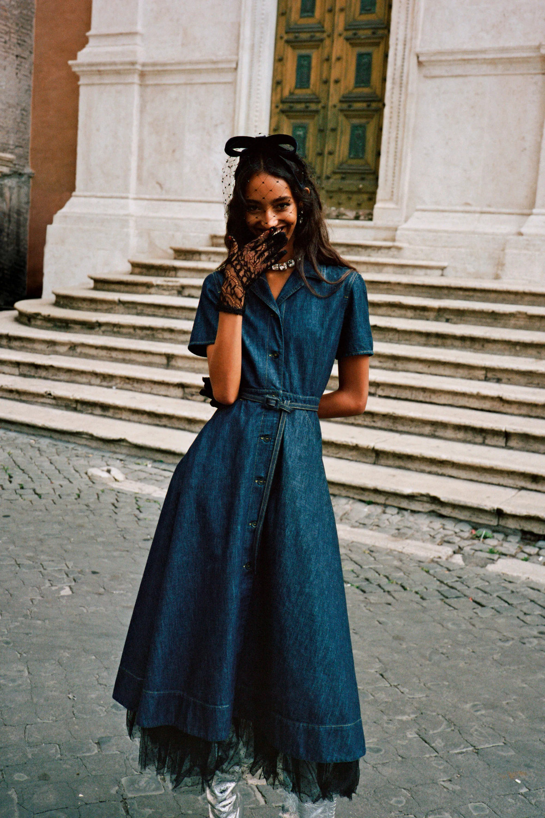 Belted Denim Midi with Veil and Lace Gloves Belted Denim Midi with Veil and Lace Gloves — Denim Dresses 2027