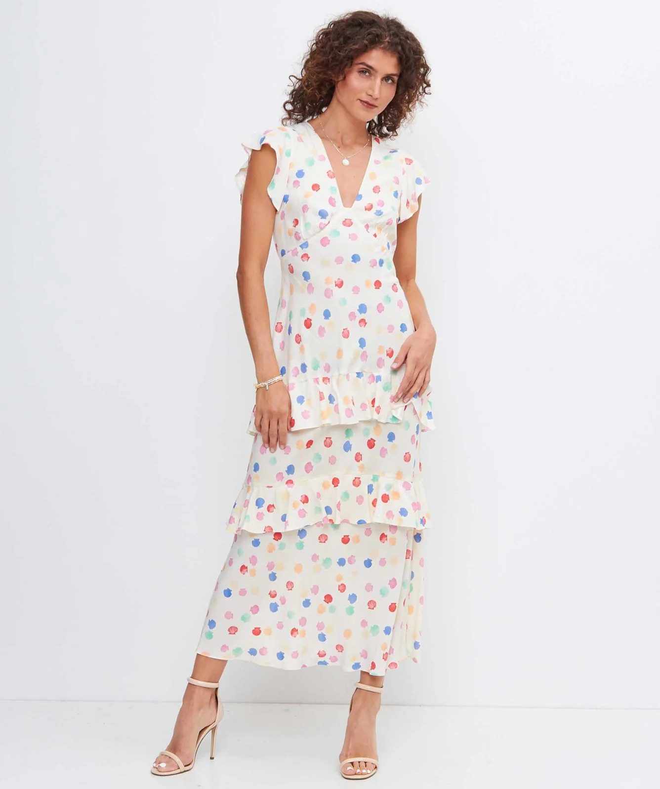Multicolor Polka Dot Tiered Midi Dress with Flutter Sleeves Multicolor Polka Dot Tiered Midi Dress with Flutter Sleeves — Tiered Dresses 2027