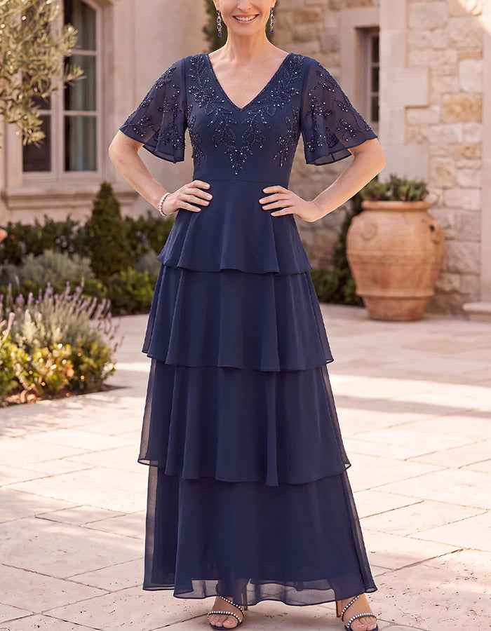 Navy Blue Chiffon Maxi Dress with Bell Sleeves and Tiered Skirt Navy Blue Chiffon Maxi Dress with Bell Sleeves and Tiered Skirt — Tiered Dresses 2027