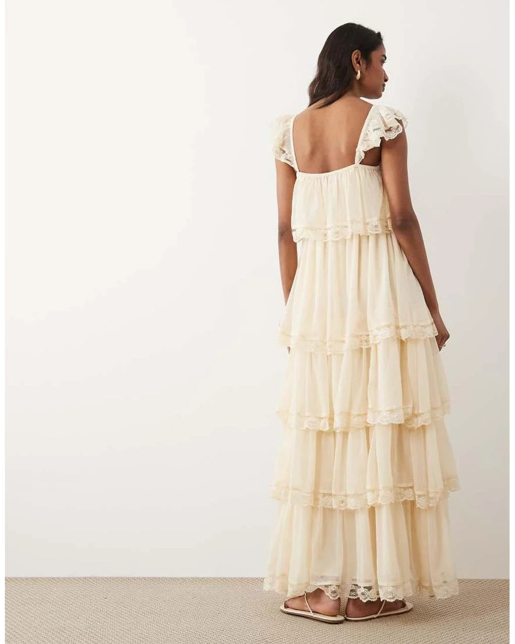 Cream Chiffon Sleeveless Tiered Dress with Lace Trim Cream Chiffon Sleeveless Tiered Dress with Lace Trim — Tiered Dresses 2027