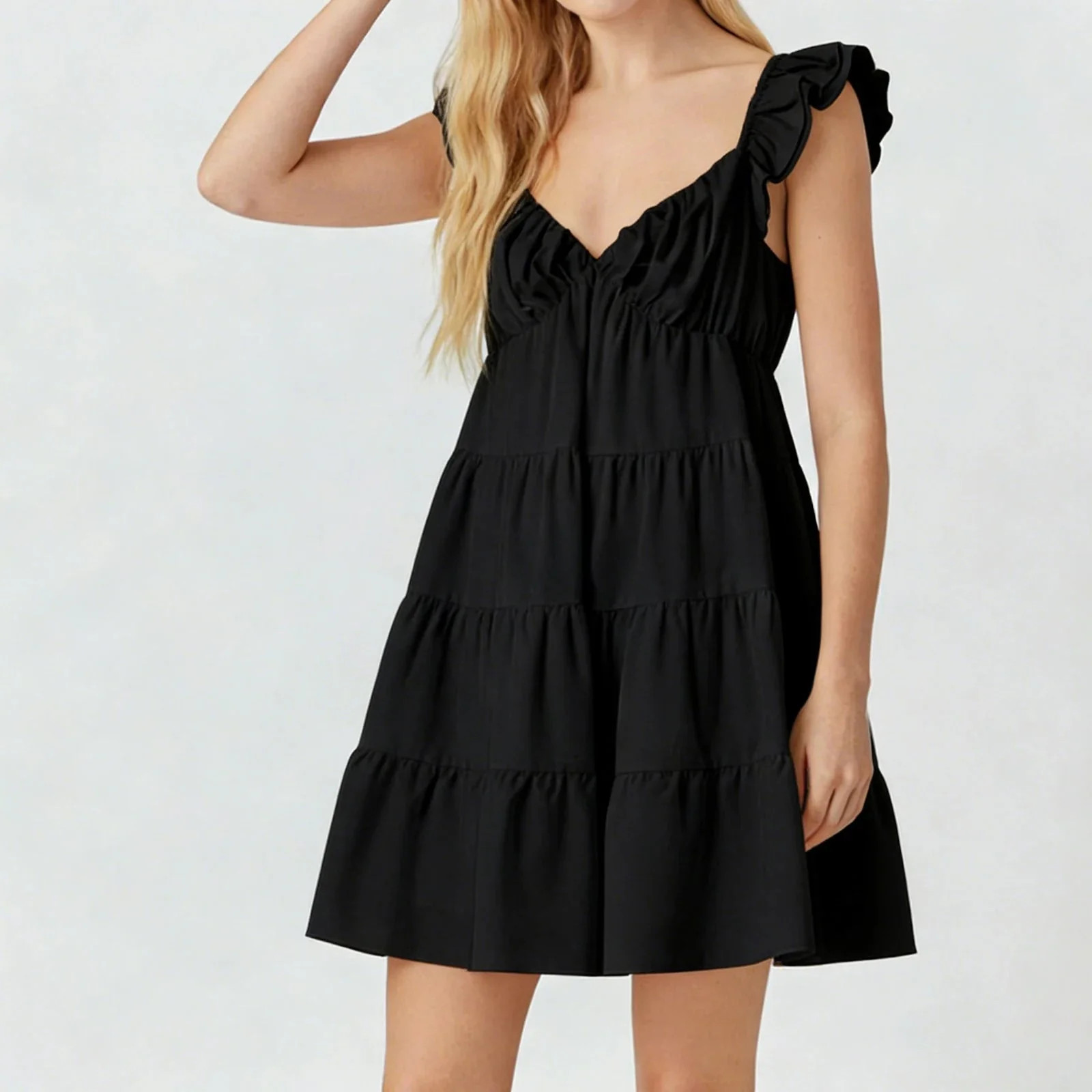 Black A-Line Mini Dress with Tiered Skirt and Butterfly Sleeves Black A-Line Mini Dress with Tiered Skirt and Butterfly Sleeves — Tiered Dresses 2027