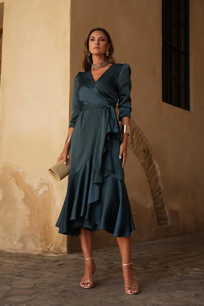 Dark Teal Wrap Dress with Ruffled Asymmetrical Hem Dark Teal Wrap Dress with Ruffled Asymmetrical Hem — Church Dresses 2027