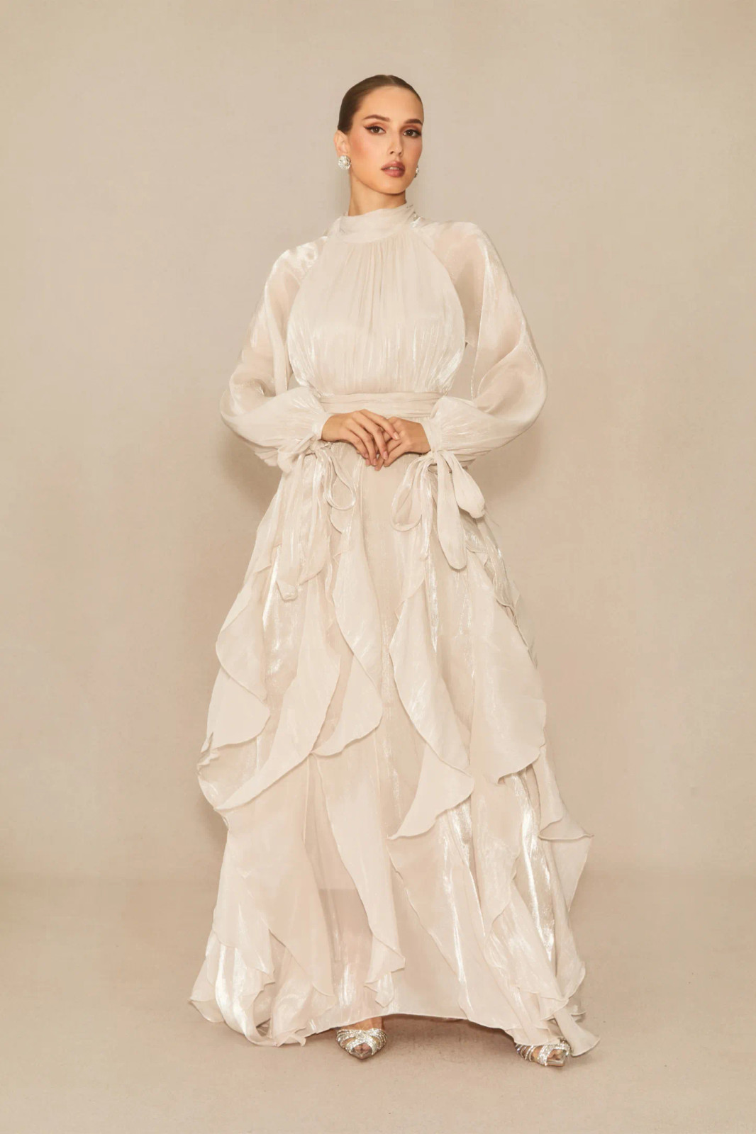 Ivory Organza Dress with Voluminous Sleeves and Ruffled Skirt Ivory Organza Dress with Voluminous Sleeves and Ruffled Skirt — Modest Dresses 2027
