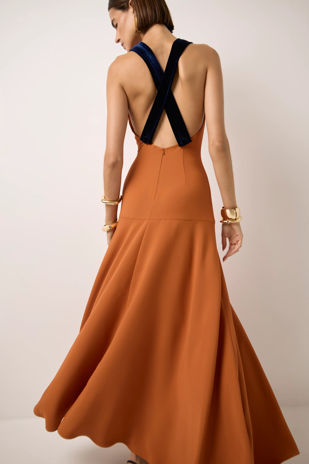 Burnt Orange Dress with Navy Velvet Cross-Back Straps Burnt Orange Dress with Navy Velvet Cross-Back Straps — Modest Dresses 2027