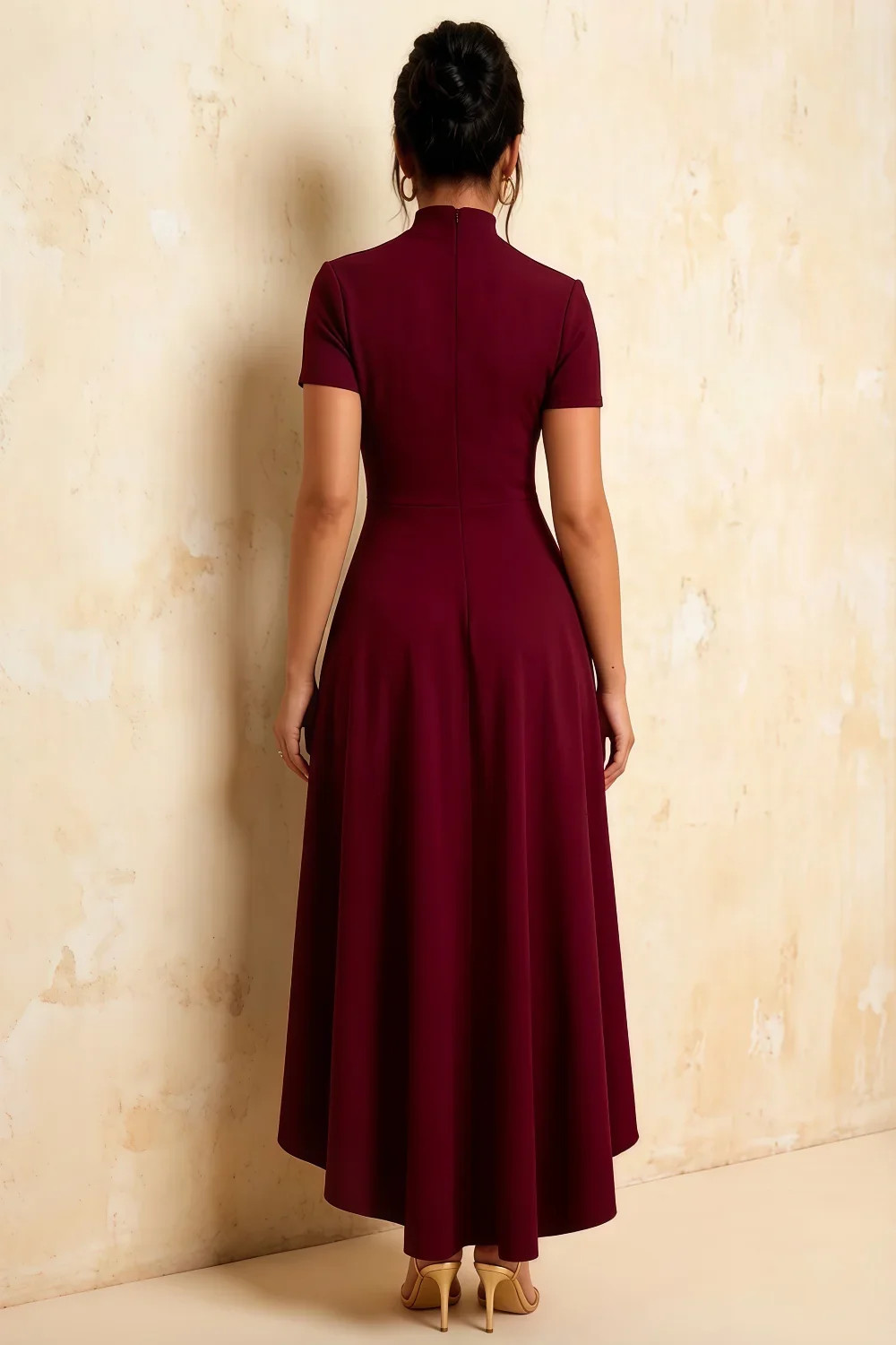 Burgundy Knit Midi Dress with Tie Neck and Fit-and-Flare Silhouette Burgundy Knit Midi Dress with Tie Neck and Fit-and-Flare Silhouette — Modest Dresses 2027