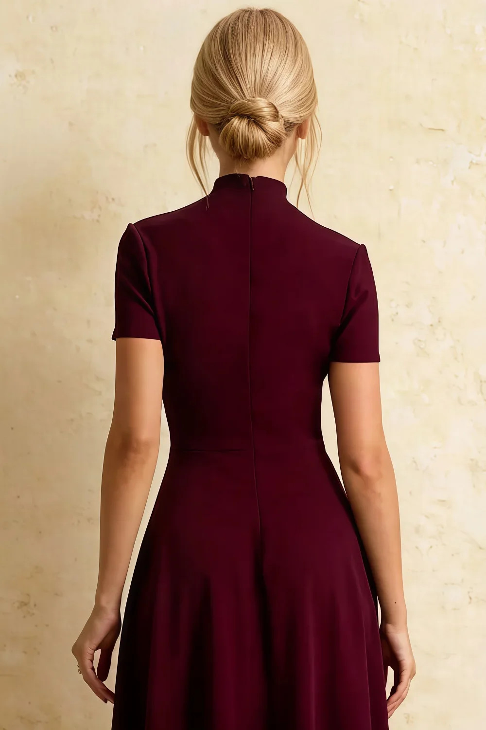 Burgundy High Neck Flared Midi Dress Burgundy High Neck Flared Midi Dress — Modest Dresses 2027