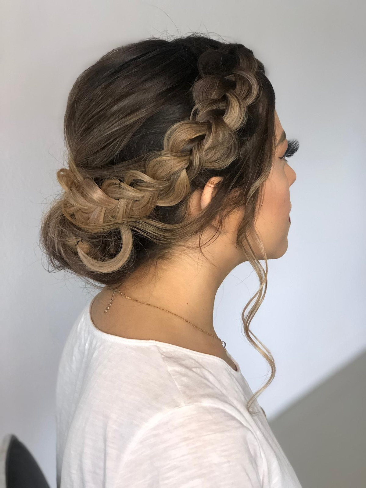 Brown Braided Updo With Side Bangs — Prom Hairstyles 2027