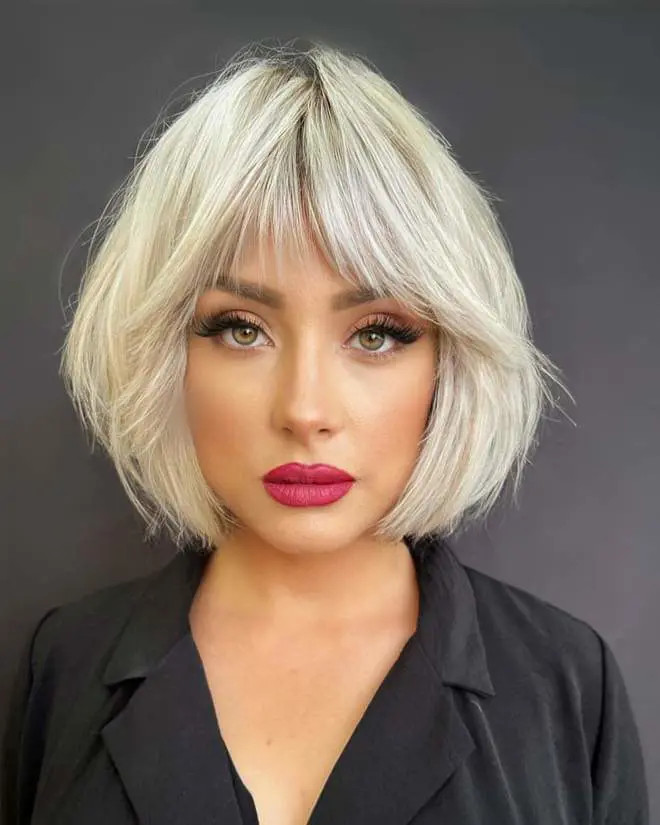 Platinum Blonde Chin Bob With Full Bangs Platinum Blonde Chin Bob With Full Bangs — Layered Bob 2027