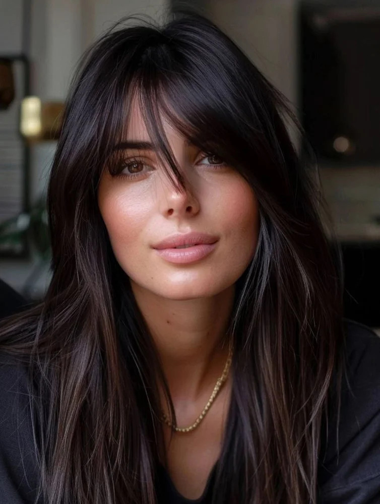 Textured Dark Brown With Wispy Bangs Textured Dark Brown With Wispy Bangs — Straight Hair Hairstyles 2027