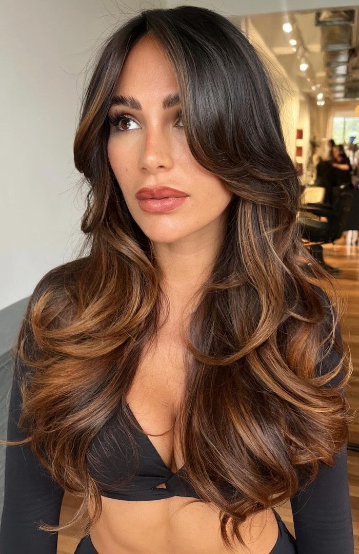 Voluminous Blowout With Golden Amber Balayage — Caramel Balayage 2027