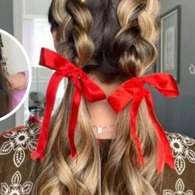 Two Braids With Large Red Satin Bows Two Braids With Large Red Satin Bows — Christmas Braids 2026