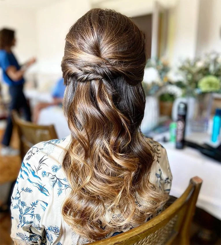 Visual Idea — Dark Brown Hair With Caramel Highlights Visual Idea — Dark Brown Hair With Caramel Highlights — Half Up Half Down Wedding Hair 2027