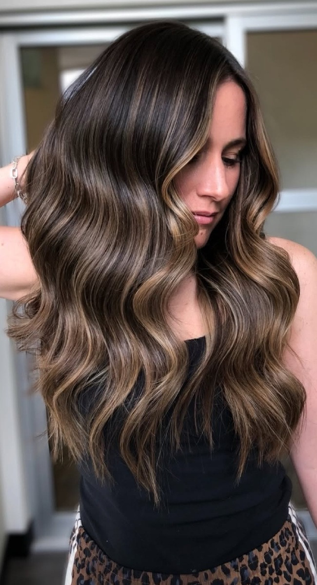 No Bangs Visual Idea — Highlights on Dark Hair 2027