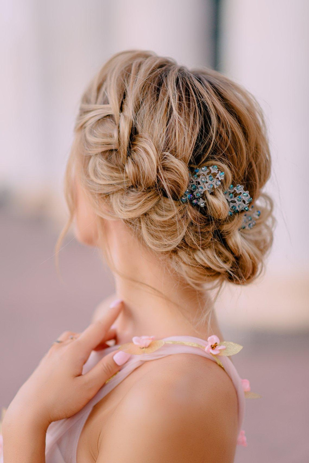 Blonde Braided Updo With Blue Pins — Spring Wedding Hair 2027