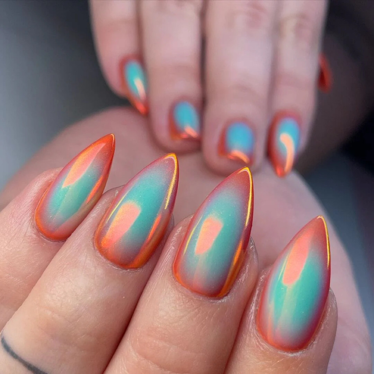 Neon Orange To Teal Chrome Stiletto Nails — Aura Nails 2027