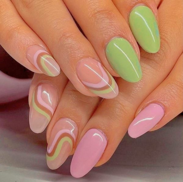 Pastel Swirls Solid Accent Medium Almond Nails — Nails 2027 for Teens