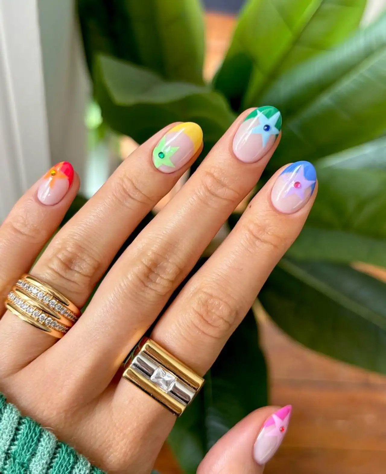 Rainbow French Tips with Gem Star — Birthday Nails 2027