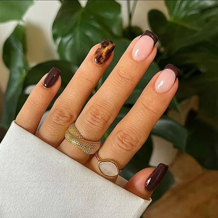 Dark Brown Coffin Nails With Leopard Accent Dark Brown Coffin Nails With Leopard Accent — Leopard Print Nails 2027
