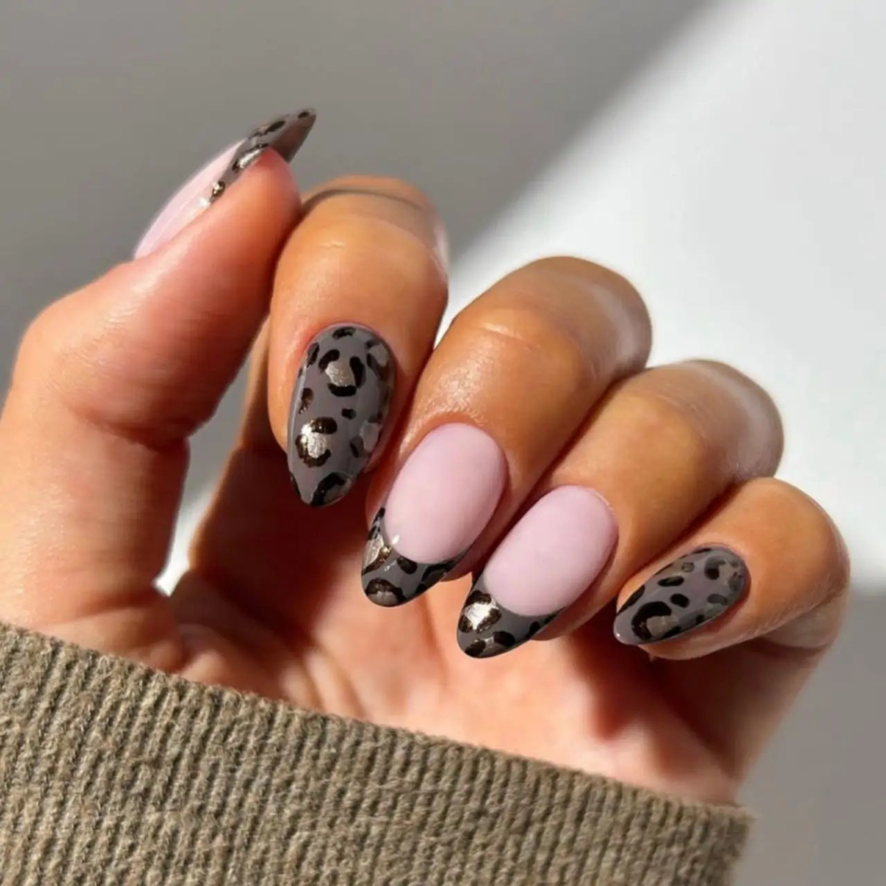 Grey Leopard French Tips With Gold Accents Grey Leopard French Tips With Gold Accents — Leopard Print Nails 2027