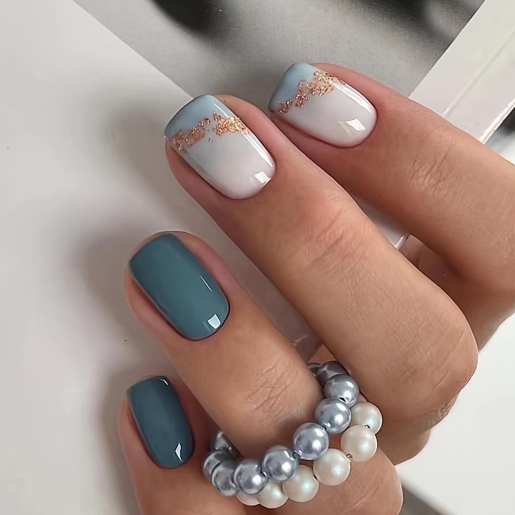 Milky White and Teal Split Square Nails Milky White and Teal Split Square Nails — Square Nails 2027
