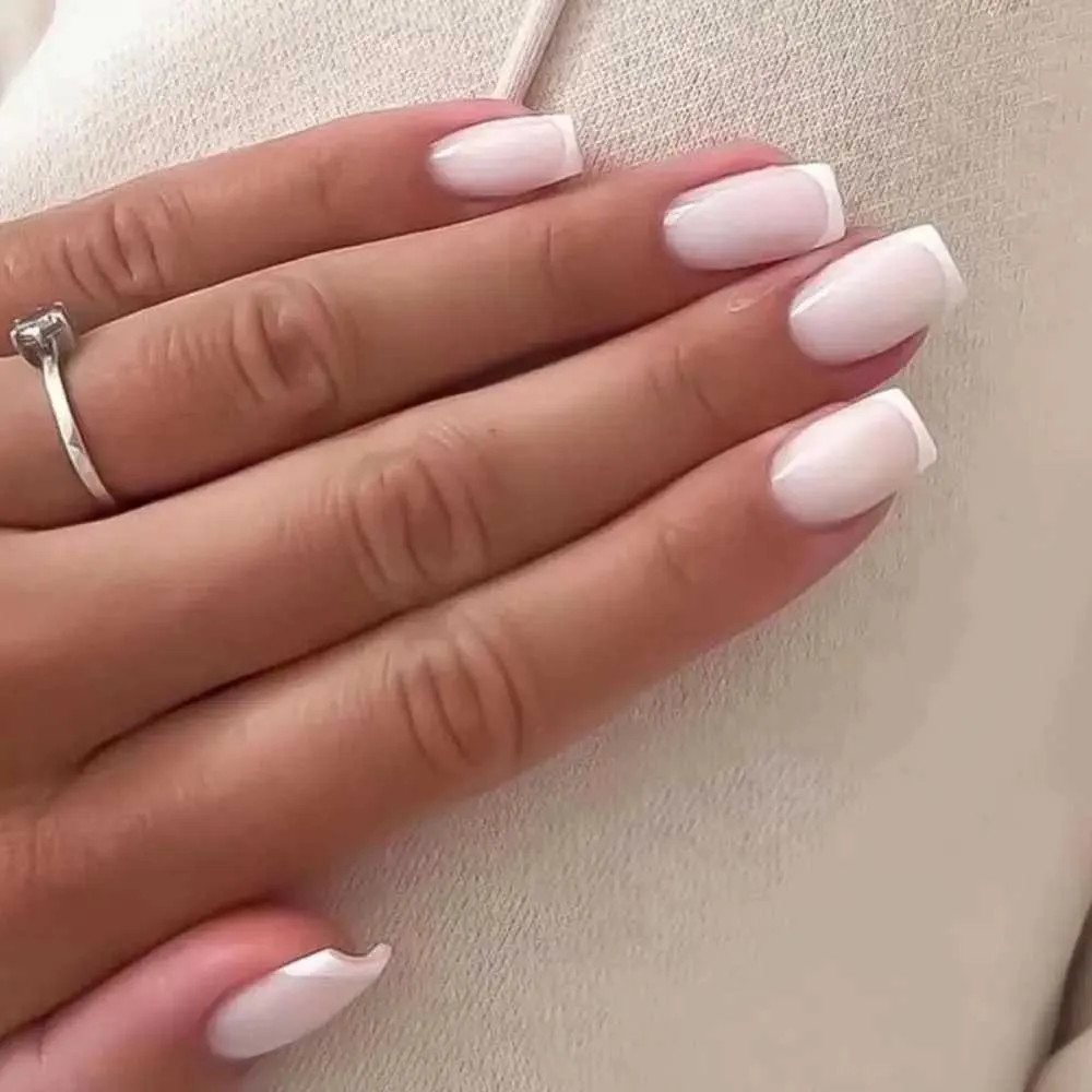 Milky Pink French Tips with Silver Ring Milky Pink French Tips with Silver Ring — Square Nails 2027