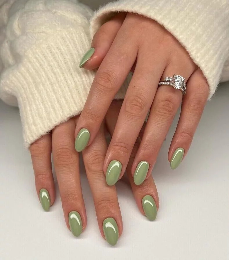 Muted Sage Green Glossy Oval Nails Muted Sage Green Glossy Oval Nails — Green Nails 2027