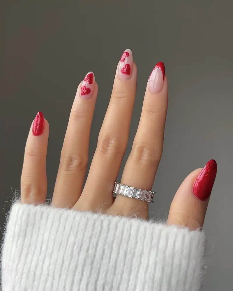 Valentines Red Glitter Hearts Glossy Red Almond Valentines Red Glitter Hearts Glossy Red Almond — Heart Nails 2027