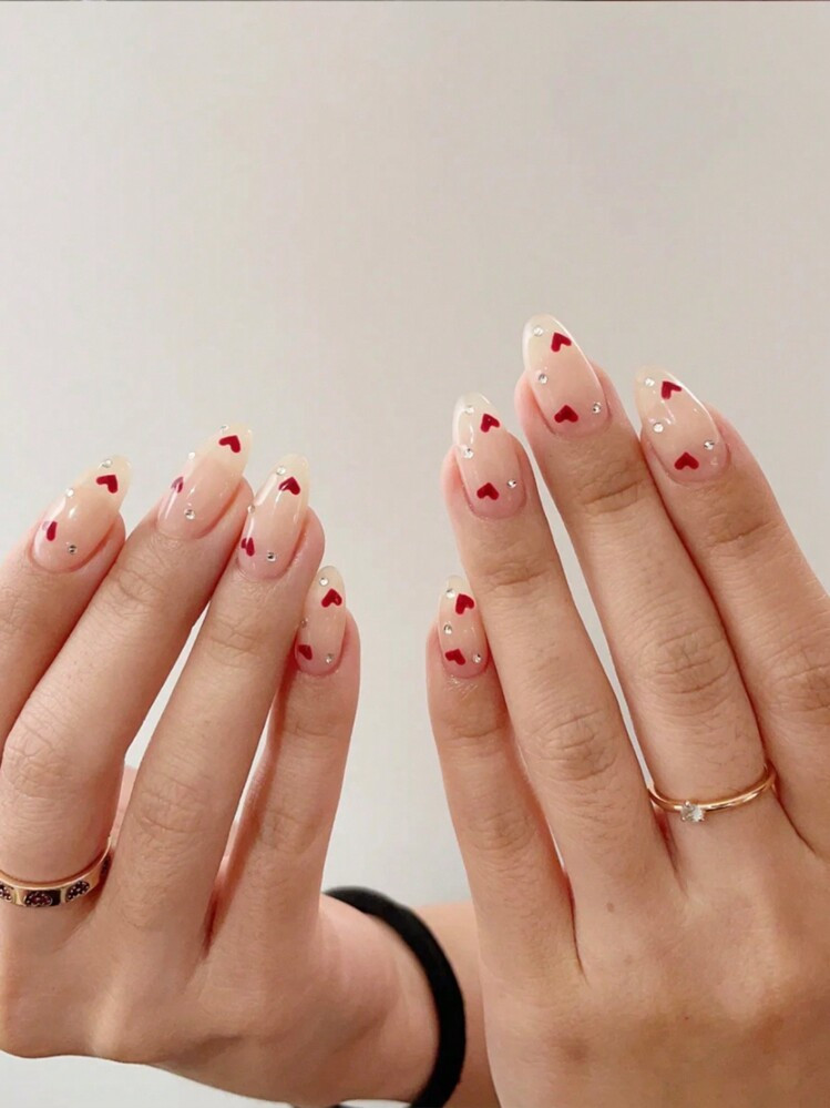 Red Hearts and Rhinestones Clear Almond Red Hearts and Rhinestones Clear Almond — Heart Nails 2027