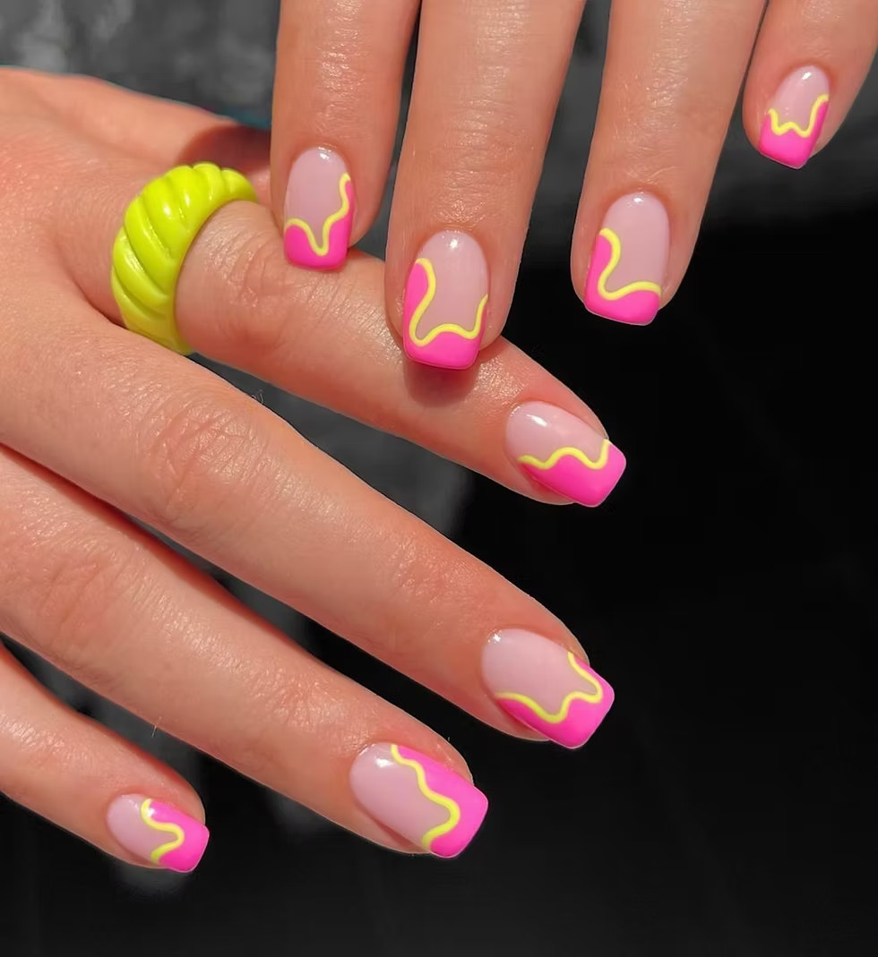 Wavy Neon Yellow Lines On French Tips Visual Idea Wavy Neon Yellow Lines On French Tips Visual Idea — Short Spring Nails 2027