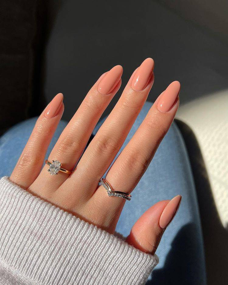 Peachy Nude Gloss Almond Nails Peachy Nude Gloss Almond Nails — Engagement Nails 2027