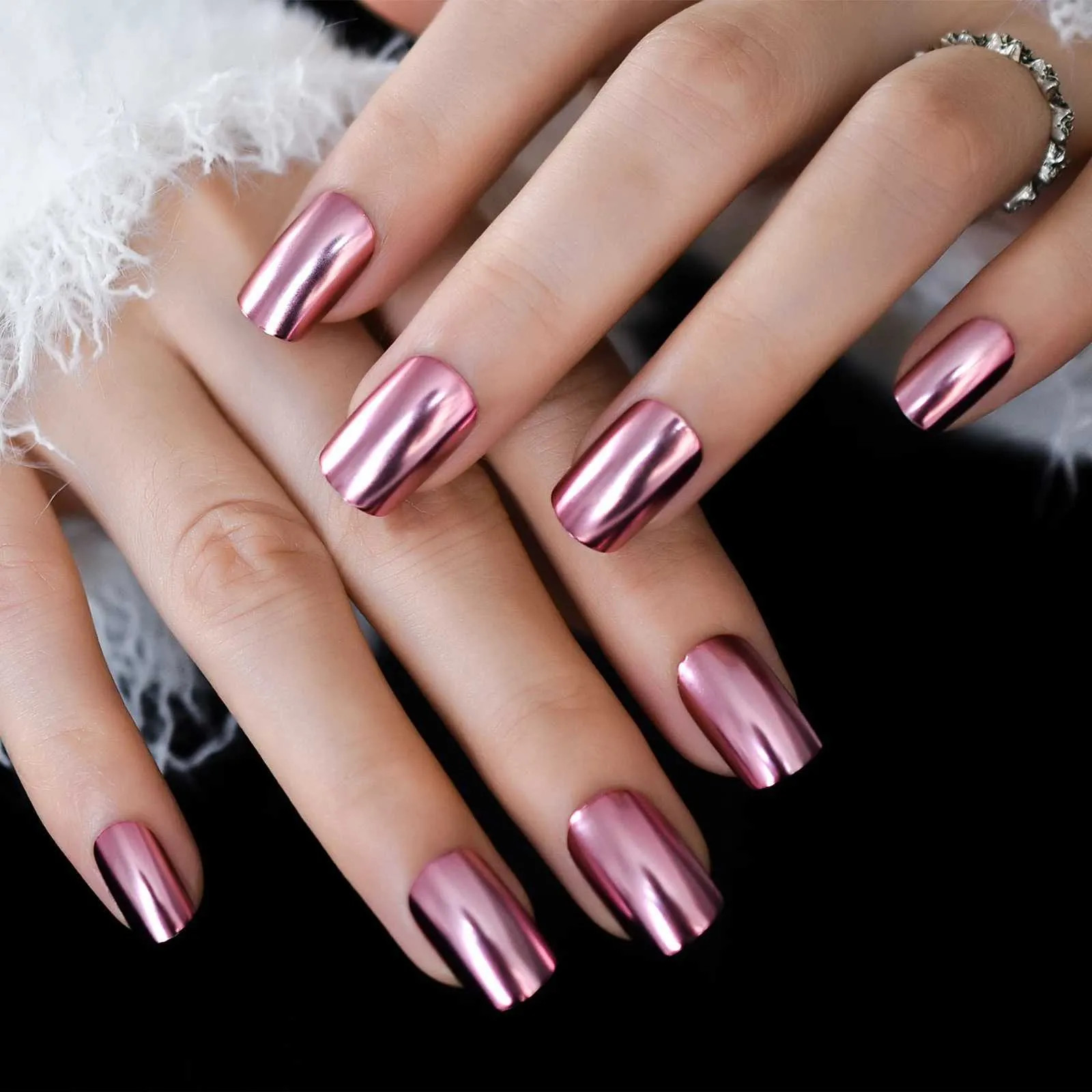 Metallic Rose Pink Chrome Both Hands — Pink Chrome Nails 2027