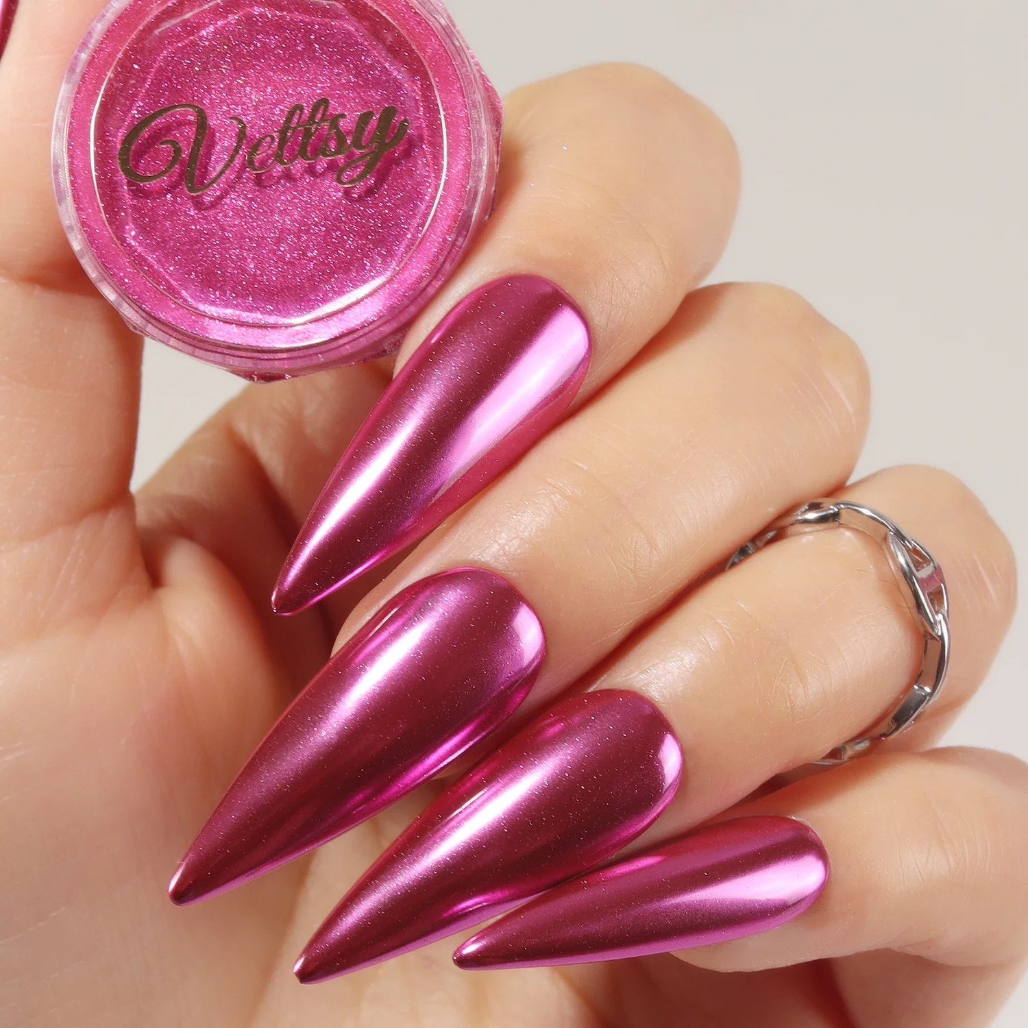 Bright Pink Chrome Long Stilettos — Pink Chrome Nails 2027