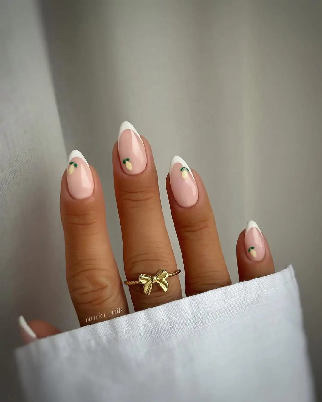 Yellow Fruit Accented French Almonds — Medium Almond Nails 2027
