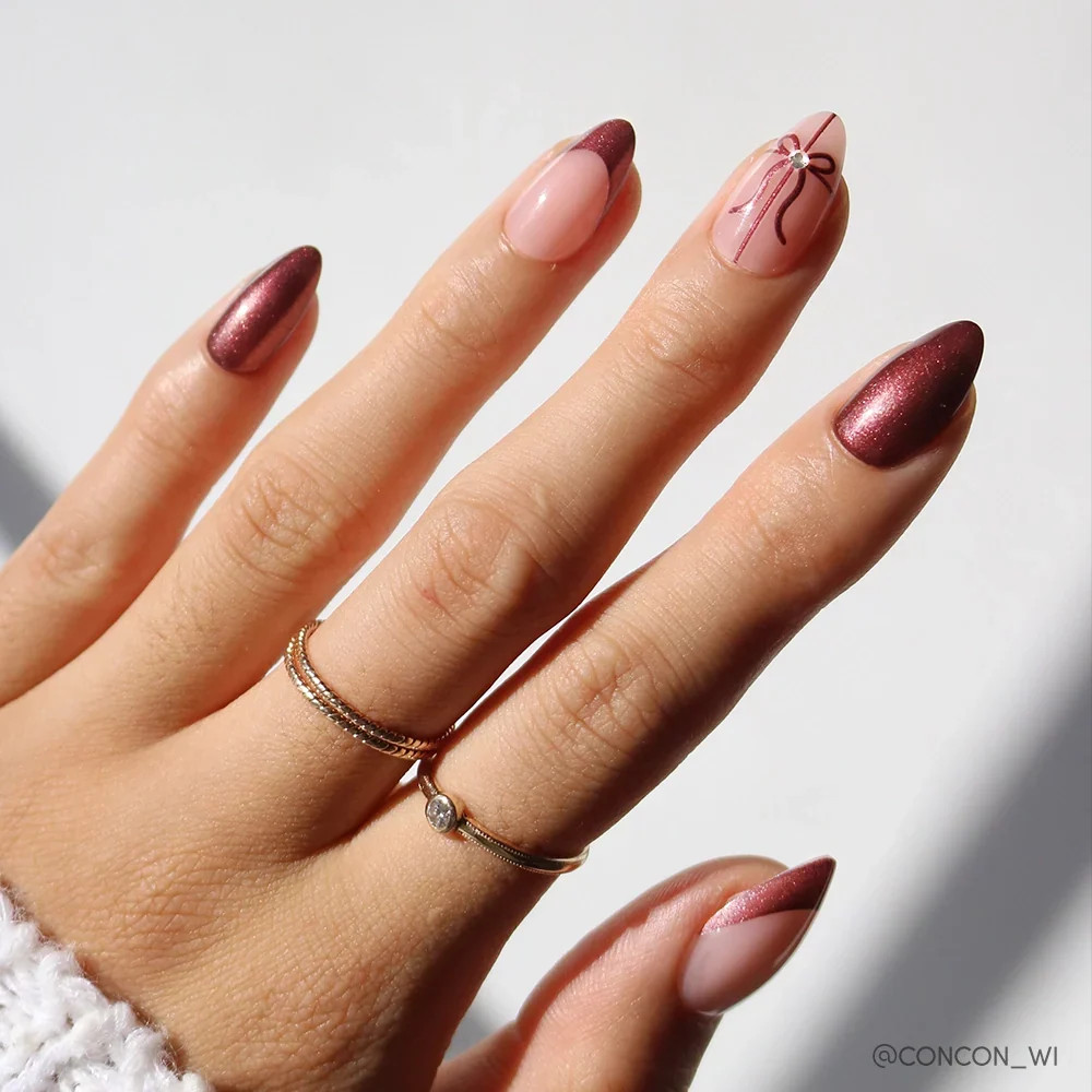 Rose Gold Metallic French Almonds with Bow — Medium Almond Nails 2027