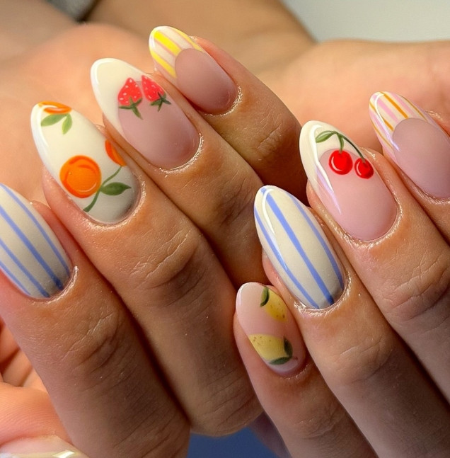 Playful Summer Fruit and Stripe Almond Nails Playful Summer Fruit and Stripe Almond Nails — Mom Nails 2027