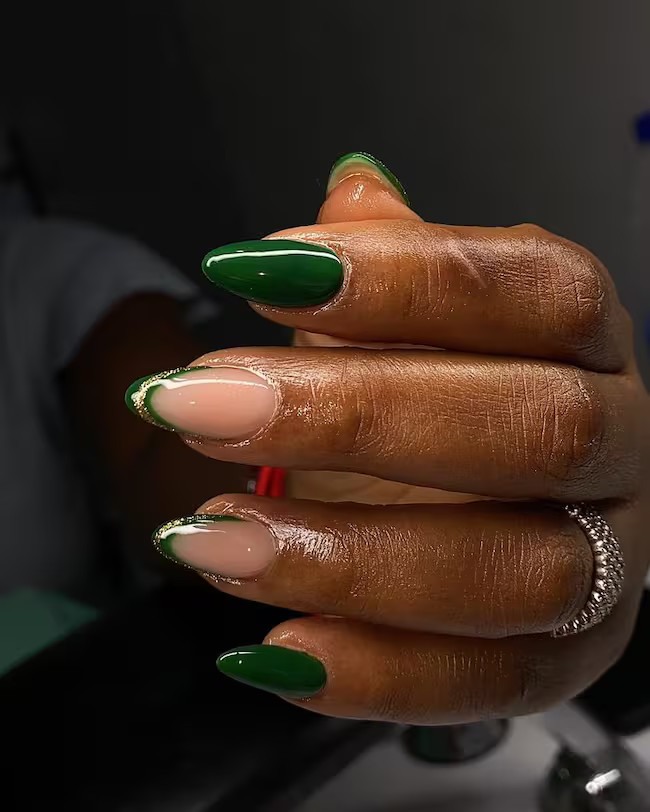 Green French Tip Almond Nails with Gold Glitter Accent — Nails 2027 for Brown Skin