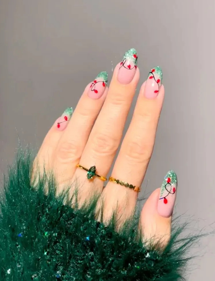 Red String Lights Green Glitter Almonds Red String Lights Green Glitter Almonds — Easy Christmas Nails 2026
