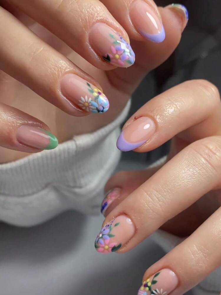 Colorful Floral Short Round Nails Colorful Floral Short Round Nails — Spring Press On Nails 2027