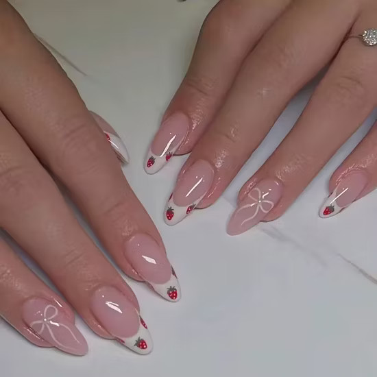 Stiletto French with White Bows and Strawberries Stiletto French with White Bows and Strawberries — Christmas Bow Nails 2026