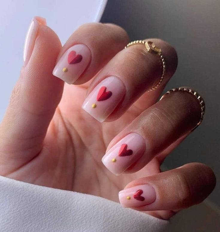 Red Hearts With Gold Dot Accent Visual Idea Red Hearts With Gold Dot Accent Visual Idea — Pink Valentines Nails 2027
