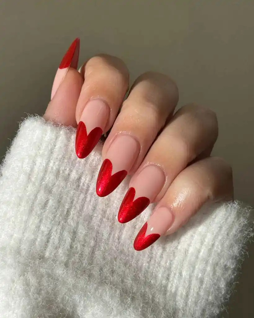 Metallic Red Heart French Tip Nails Metallic Red Heart French Tip Nails — Pink Valentines Nails 2027