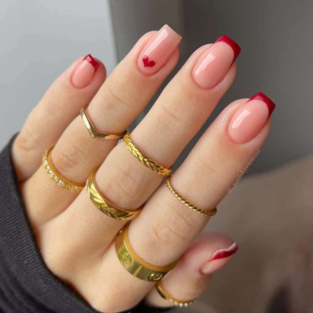 Short Square Deep Red Heart Short Square Deep Red Heart — Valentines French Tip Nails 2027