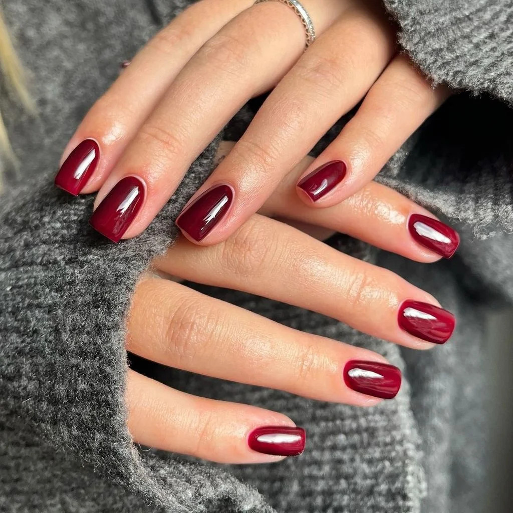 Rich Glossy Deep Burgundy Squares Rich Glossy Deep Burgundy Squares — Burgundy Christmas Nails 2026